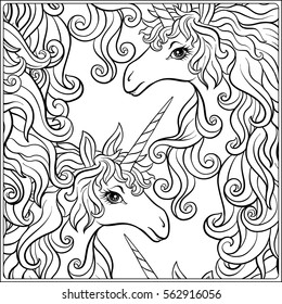 Outline seamless pattern with unicorn. Outline drawing coloring page. Coloring book for adult. Stock line vector illustration.