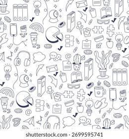 Outline Seamless Pattern Work and Office Hand Drawn Doodles on White Background. Vector illustration. Not AI