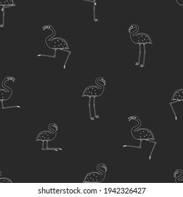 Outline seamless repeat Vector pattern of flamingos isolated white background. Doodle cartoon animals are active dance fly, rejoice, sleep, rest, relax, dream, walk. Chalkboard or blackboard effect