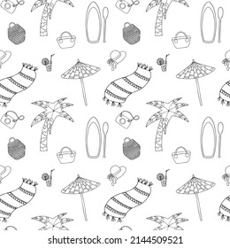 Outline seamless summer pattern with hand drawn beach elements such as palm, tote bag, umbrella, camera, towel, surf, cocktail, hat, basket. Fashion print design, vector illustration