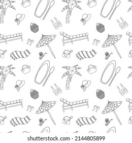 Outline seamless summer pattern with hand drawn beach elements such as palm, bag, umbrella, camera, towel, surf, cocktail, hat, basket, bottle, glasses. Fashion print design, vector illustration