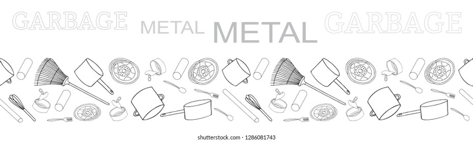 Outline seamless vector border with sorted E-waste garbage isolated on white. Collection of patterns with separate debris. Hand drawn  background of trash. Concept of Recycles Day, World Cleanup Day.