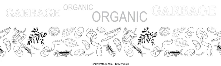 Outline seamless vector border with sorted organic garbage isolated on white. Collection of patterns with separate debris. Hand drawn  background of trash. Concept of Recycles Day, World Cleanup Day.