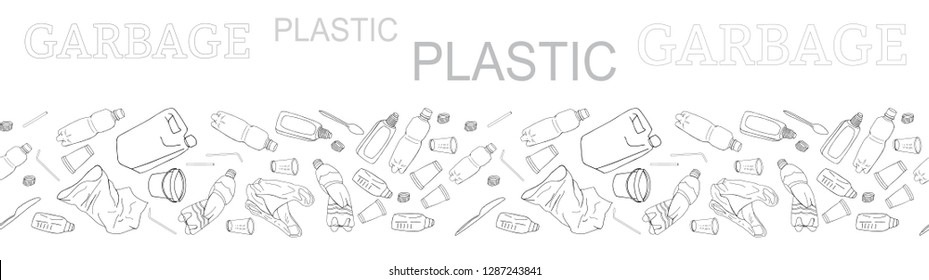 Outline seamless vector border with sorted plastic garbage isolated on white. Collection of patterns with separate debris. Hand drawn  background of trash. Concept of Recycles Day, World Cleanup Day.