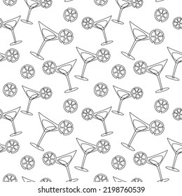 Outline seamless vector party pattern. One line continuous hand drawn cocktail glass illustration. Wallpaper, fabric, print, wrapping paper or package design.