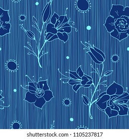 Outline Seamless Vector Pattern with Flowers of Harebell and Abstract Ornament