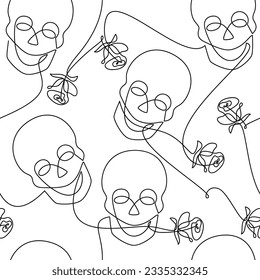 Outline seamless vector pattern. Skull rose flower icon. Line continuous drawing. Hand drawn background illustration. Wallpaper print, fabric, wrapping paper, graphic design, card, brochure.