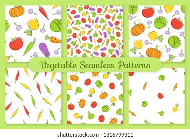 Outline seamless vegetable background set vector flat illustration. Background design with carrot, pumpkin, tomato and cabbage silhouette vegetable seamless texture in natural color for wallpaper