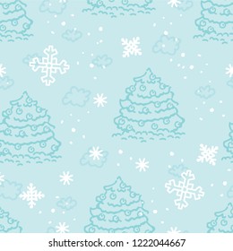 Outline seamless winter pattern with Xmas trees, snowflakes and snow in cartoon style. Hand drawn illustration for background texture