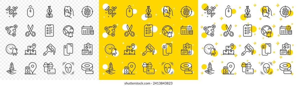 Outline Search app, Crowdfunding and Video conference line icons pack for web with Fingerprint, Manager, Smartphone line icon. Report, Swipe up, Petrol station pictogram icon. Gift card. Vector