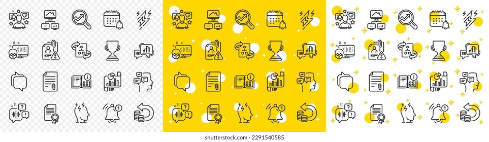 Outline Search employee, Graph chart and Voicemail line icons pack for web with Analytics, Lightning bolt, Attachment line icon. Work home, Reminder, Calendar pictogram icon. Vector