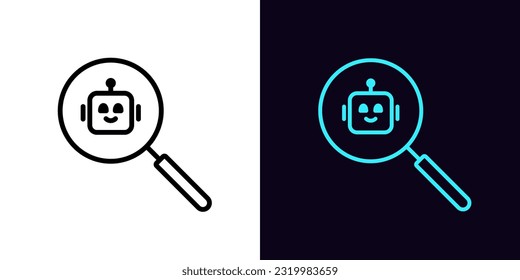 Outline search magnifier icon, with editable stroke. Magnifying glass with AI bot sign, best chat bot review. Find virtual assistant with AI, search algorithms and commands for smart bot. Vector icon