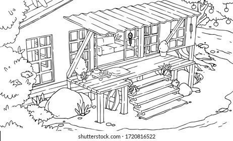 Outline seashore beach bingalow with terrace and stairs. Vector hand drawn isolated tropical house. Coloring book page.