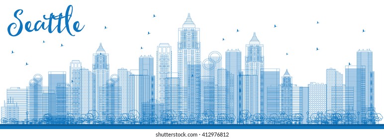 Outline Seattle City Skyline with Blue Buildings. Vector Illustration. Business travel and tourism concept with modern buildings. Image for presentation, banner, placard and web site.