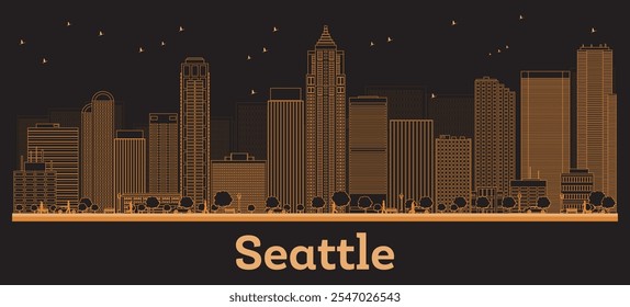 Contorno Seattle Washington City Skyline com edifícios laranja. Ilustração de vetor. Viagens de negócios e conceito com arquitetura moderna. Cidade de Seattle com pontos de referência.