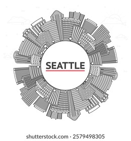 Outline Seattle Washington City Skyline with Modern Buildings and copy space Isolated on White. Vector Illustration. Seattle USA Cityscape with Landmarks. 