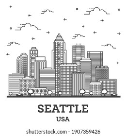 Outline Seattle Washington USA City Skyline with Modern Buildings Isolated on White. Vector Illustration. Seattle USA Cityscape with Landmarks. 