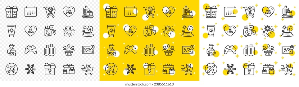 Outline Secret gift, Shopping cart and Sunscreen line icons pack for web with Be true, Fireworks, Lake line icon. Discounts cart, Sleep, Gamepad pictogram icon. Photo location, Gift box. Vector