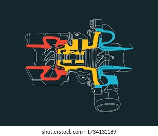 Outline of sectioned turbocharger. Vector illustration