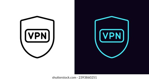 Outline secure VPN icon, with editable stroke. Shield sign with VPN button. Safe virtual private network. Secure personal internet access, proxy address. Web app, global cyber security. Vector icon