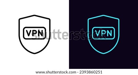 Outline secure VPN icon, with editable stroke. Shield sign with VPN button. Safe virtual private network. Secure personal internet access, proxy address. Web app, global cyber security. Vector icon