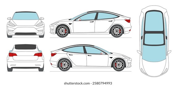 Outline sedan electric car mockup vector for branding on white background. With Top, Side, Front, Rear Views.