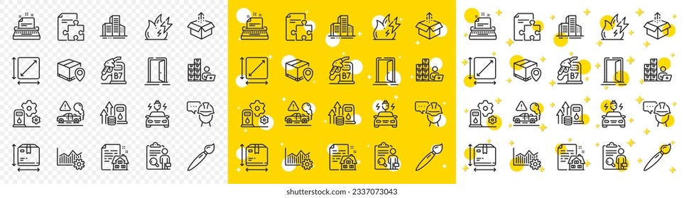 Outline Send box, Box size and Operational excellence line icons pack for web with Open door, Fuel price, Lease contract line icon. Filling station, Exhaust, Square area pictogram icon. Vector