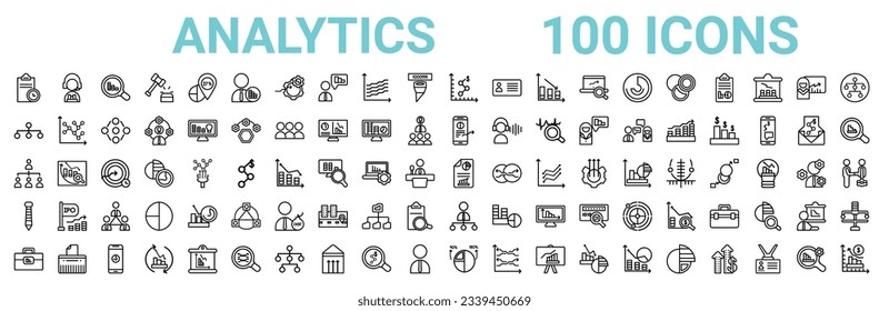 outline set of 100 analytics line icons. linear vector icons such as service,data analytics flow,mobile stock data,organization,report,tie,department head,round value chart. vector illustration