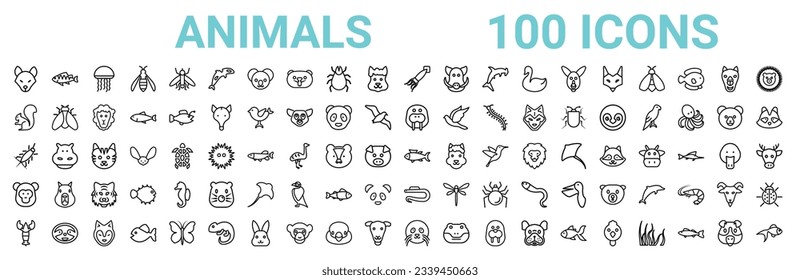 outline set of 100 animals line icons. linear vector icons such as perch,squirrel,sea cow,silverfish,tuna,baboon,moray,seal. vector illustration