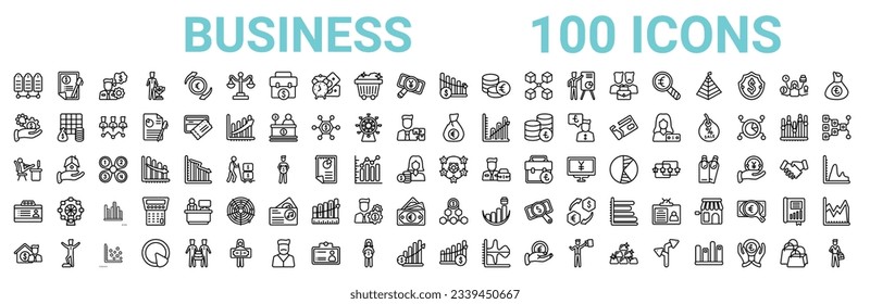 outline set of 100 business line icons. linear vector icons such as bailment,hand with money gear,euro money bag,sitting,item interconnections,club card,dollar on top of financial hierarchy,profit