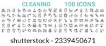 outline set of 100 cleaning line icons. linear vector icons such as neat,clean,washing hand,hot water,clothes cleaning,cleaner uniform,plunger,toilet. vector illustration