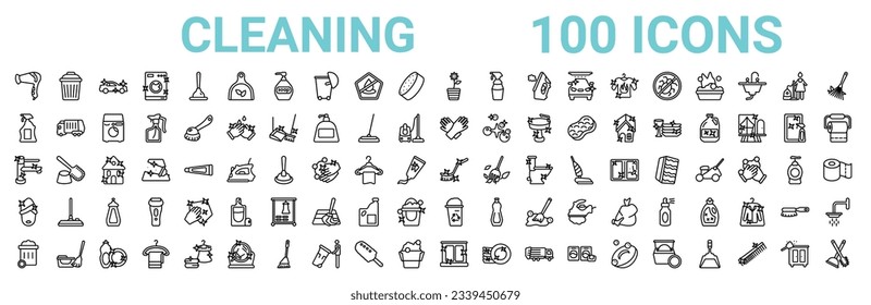 Rahmensatz von 100 Putzlinien-Icons. lineare Vektorsymbole wie Müllreinigung, Reinigungspray, Wischhandschuhe schwarzes Paar, Wasserreinigung, Bürstenreinigung, Wischkopf, Abwischung, sauberes Fenster.