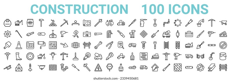 outline set of 100 construction line icons. linear vector icons such as crane truck,blade saw,retractable trimming knife,putty knife,welding,hydraulic breaker,paver,builder brush. vector