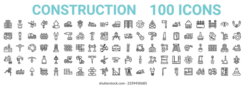 Umriss von 100 Symbolen der Baulinie. lineare Vektorsymbole wie z.B. große Schaufel, Kipper, Müllwagen, große Clippern, Einstellsystem, Stopcock, Derrick nach rechts. Vektorgrafik