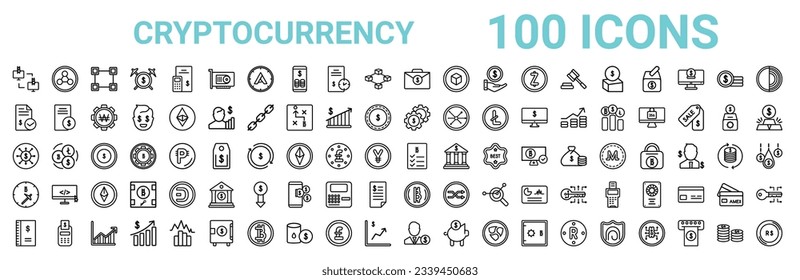 outline set of 100 cryptocurrency line icons. linear vector icons such as ripple,invoice,economy gear,node,crypto records,proof of capacity,bitcoin,banker. vector illustration