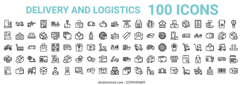 outline set of 100 delivery and logistics line icons. linear vector icons such as motorbike,charter,delivery tag,delivery by bike,sea ship with containers,delivery containers,cargo ship,box. vector