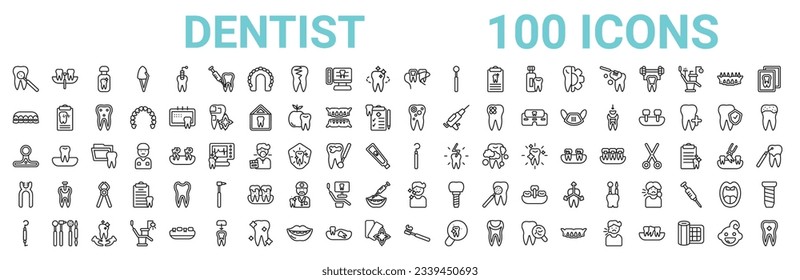 conjunto de esquema de 100 iconos de línea dentista. iconos vectoriales lineales como interproximal, paréntesis, bicuspido, faro, sonda dental, fórceps de herramientas dentistas, niño sano, cepillos de dientes. ilustración vectorial