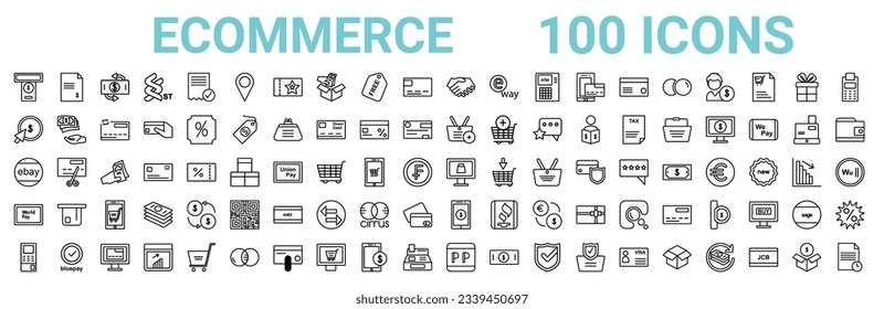 outline set of 100 ecommerce line icons. linear vector icons such as bills,pay per click,buy, ,online shop,worldpay,mobile money, . vector illustration