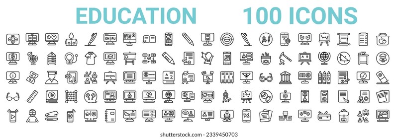 outline set of 100 education line icons. linear vector icons such as digital book,lesson,learning,information,knowledge,eyeglasses,game-based learning,computer-based training. vector illustration