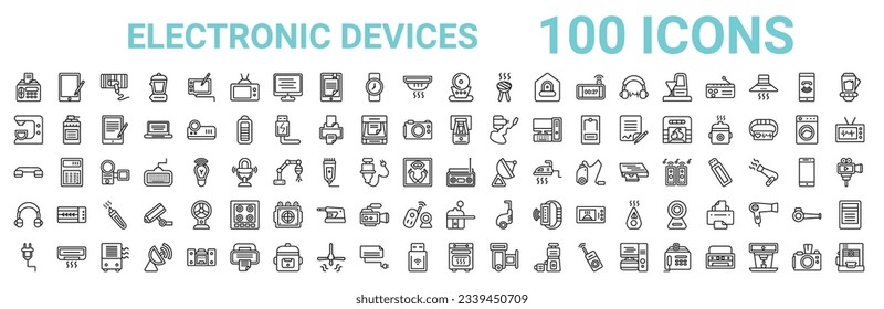 Umriss von 100 Leuchtensymbolen für elektronische Geräte. lineare Vektorsymbole wie Tablet, Nahrungsmittelprozessor, Heizgerät, Telefon, Boombox, Kopfhörer, Druckkocher, Konvektionsofen. Vektorgrafik