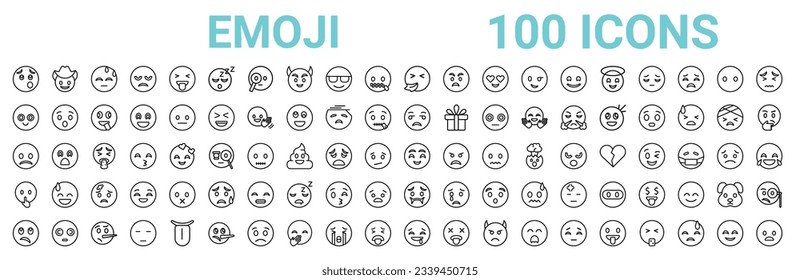 outline set of 100 emoji line icons. linear vector icons such as cowboy hat emoji,nerd emoji,suspect emoji,slightly frowning emoji,shy emoji,shushing emoji,nauseated emoji,drool emoji. vector