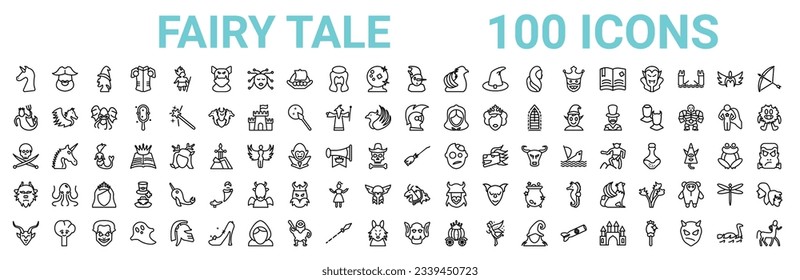 outline set of 100 fairy tale line icons. linear vector icons such as pirate,merman,knight,jolly roger,broomstick,beast,chimera,troll. vector illustration