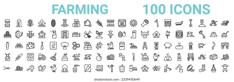 outline set of 100 farming line icons. linear vector icons such as silo,hay roll,egg,carrots,milk jar,flour mill,faucet,capsicum. vector illustration