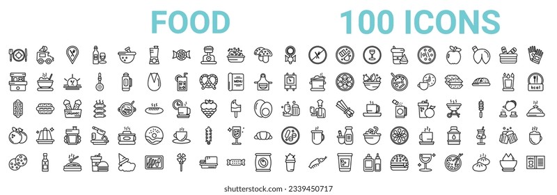 outline set of 100 food line icons. linear vector icons such as ice cream truck,snack booth,boiler,hotdog and bread,alcoholic drinks,slot,vitamins,milk shake. vector illustration