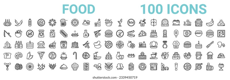 outline set of 100 food line icons. linear vector icons such as hot pepper,fishing tool,no drinking,hot coffee cup with hearts,vegan,loaf of bread,sake,cooking mitts. vector illustration