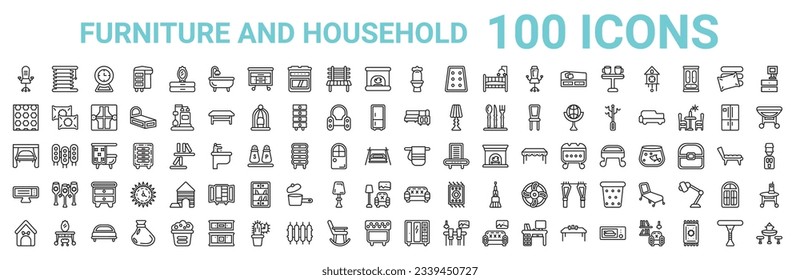 conjunto de esquema de 100 muebles e iconos de línea de hogar. iconos vectoriales lineales como revestimientos de ventanas, suelo, sofá de esquina, cama con baldaquino, toalla, calefacción, sofá, armario. ilustración vectorial