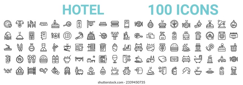 outline set of 100 hotel line icons. linear vector icons such as free wifi,terrace,servant,spaghetti,sauna,extinguisher,check in,rent a car. vector illustration