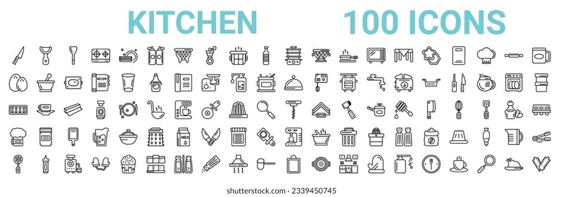 outline set of 100 kitchen line icons. linear vector icons such as peeler,eggs,platter,ice cube tray,corkscrew,beer,coffee hine,kitchen board. vector illustration
