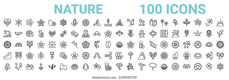 outline set of 100 nature line icons. linear vector icons such as sisyrinchium,field,rose,aster,sunrise,cliff,reed,protea. vector illustration