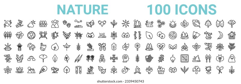 outline set of 100 nature line icons. linear vector icons such as seeding,lemon leaf,linden leaf,sol,perfoliate,briar leaf,human brian,bilberry leaf. vector illustration